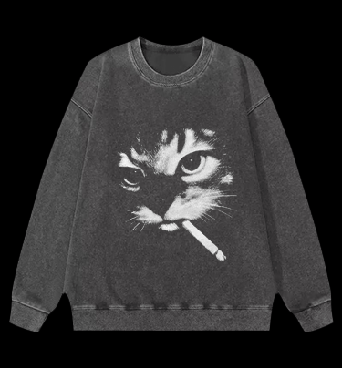 Funny Smoking Cat Meme Vintage Washed 100% Cotton Sweatshirt - TheDrunkShark