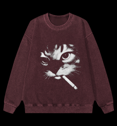 Funny Smoking Cat Meme Vintage Washed 100% Cotton Sweatshirt - TheDrunkShark