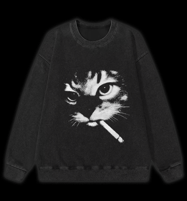 Funny Smoking Cat Meme Vintage Washed 100% Cotton Sweatshirt - TheDrunkShark
