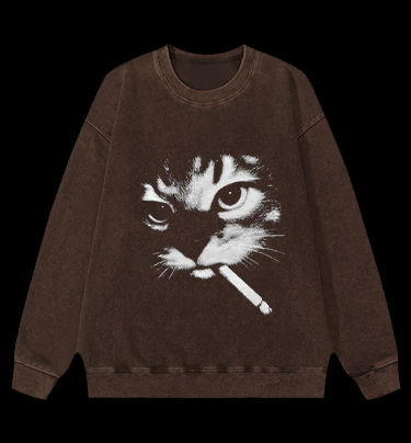 Funny Smoking Cat Meme Vintage Washed 100% Cotton Sweatshirt - TheDrunkShark