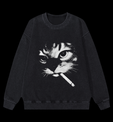 Funny Smoking Cat Meme Vintage Washed 100% Cotton Sweatshirt - TheDrunkShark