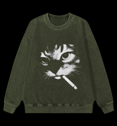 Funny Smoking Cat Meme Vintage Washed 100% Cotton Sweatshirt - TheDrunkShark