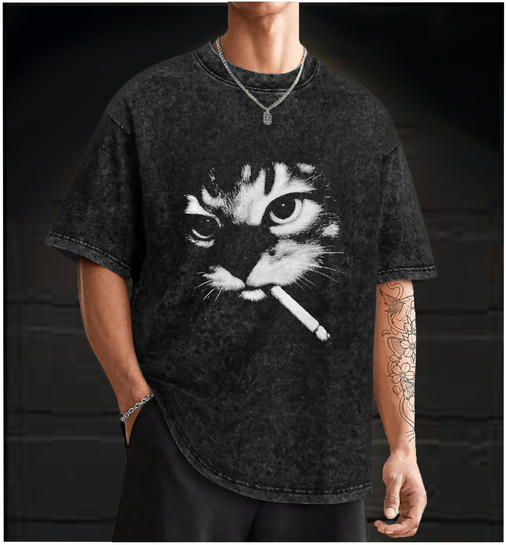 Funny Smoking Cat Meme Vintage Washed 100% Cotton T-Shirt - TheDrunkShark