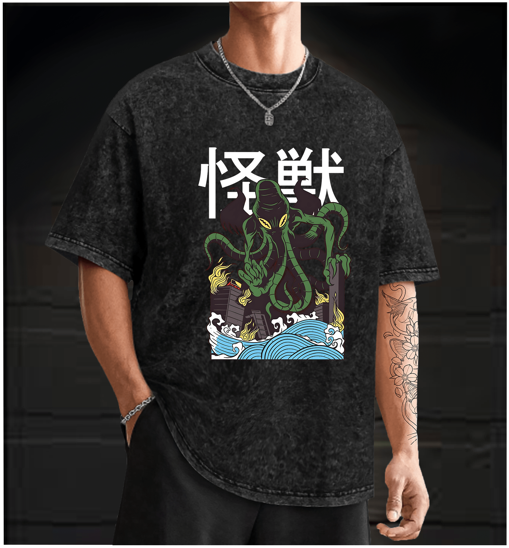 Green Cthulhu Terror Vintage Washed 100% Cotton T-Shirt - TheDrunkShark