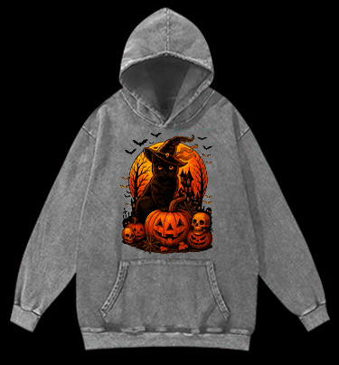 Halloween Cat Magic Vintage Washed 100% Cotton Hoodie - TheDrunkShark