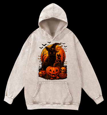 Halloween Cat Magic Vintage Washed 100% Cotton Hoodie - TheDrunkShark