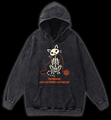 Halloween Cat Skeleton Vintage Washed 100% Cotton Hoodie - TheDrunkShark