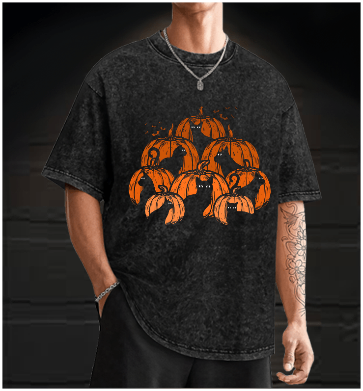 Halloween Pumpkin Cats Vintage Washed 100% Cotton T-Shirt - TheDrunkShark