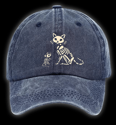 Halloween Skeleton Cat & Mouse Vintage Washed 100% Cotton Baseball Hat - TheDrunkShark