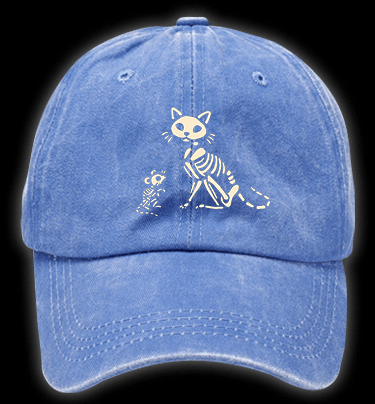 Halloween Skeleton Cat & Mouse Vintage Washed 100% Cotton Baseball Hat - TheDrunkShark
