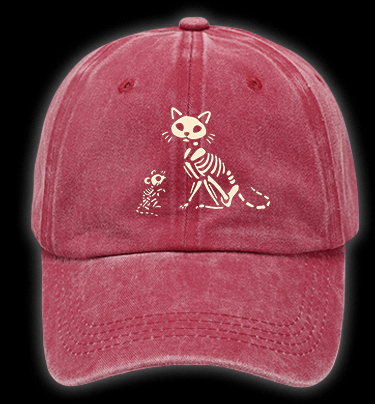 Halloween Skeleton Cat & Mouse Vintage Washed 100% Cotton Baseball Hat - TheDrunkShark