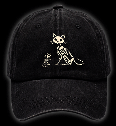 Halloween Skeleton Cat & Mouse Vintage Washed 100% Cotton Baseball Hat - TheDrunkShark