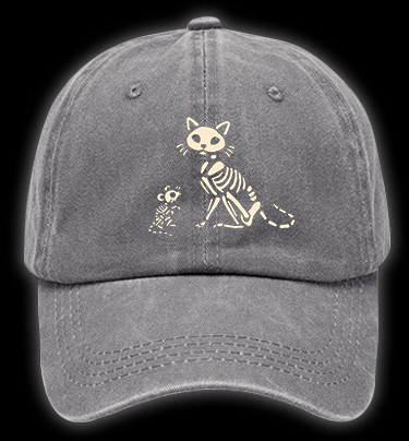 Halloween Skeleton Cat & Mouse Vintage Washed 100% Cotton Baseball Hat - TheDrunkShark
