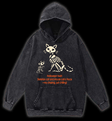 Halloween Skeleton Cat & Mouse Vintage Washed 100% Cotton Hoodie - TheDrunkShark