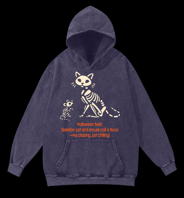 Halloween Skeleton Cat & Mouse Vintage Washed 100% Cotton Hoodie - TheDrunkShark