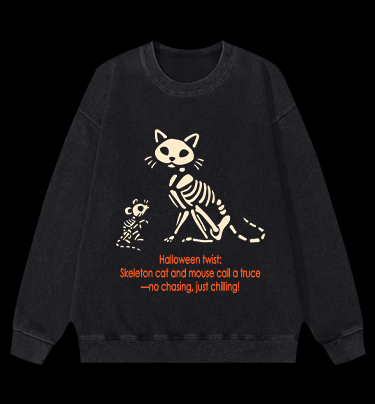 Halloween Skeleton Cat & Mouse Vintage Washed 100% Cotton Sweatshirt - TheDrunkShark