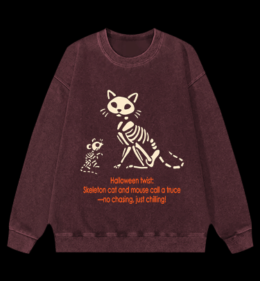 Halloween Skeleton Cat & Mouse Vintage Washed 100% Cotton Sweatshirt - TheDrunkShark