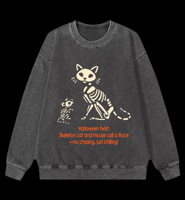 Halloween Skeleton Cat & Mouse Vintage Washed 100% Cotton Sweatshirt - TheDrunkShark