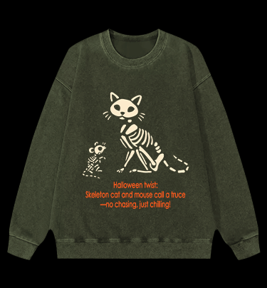 Halloween Skeleton Cat & Mouse Vintage Washed 100% Cotton Sweatshirt - TheDrunkShark