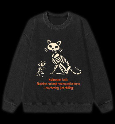 Halloween Skeleton Cat & Mouse Vintage Washed 100% Cotton Sweatshirt - TheDrunkShark