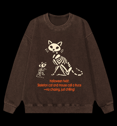 Halloween Skeleton Cat & Mouse Vintage Washed 100% Cotton Sweatshirt - TheDrunkShark