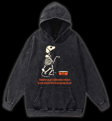 Halloween Skeleton Pup Vintage Washed 100% Cotton Hoodie - TheDrunkShark