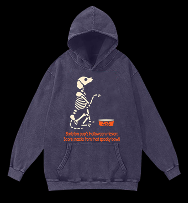 Halloween Skeleton Pup Vintage Washed 100% Cotton Hoodie - TheDrunkShark