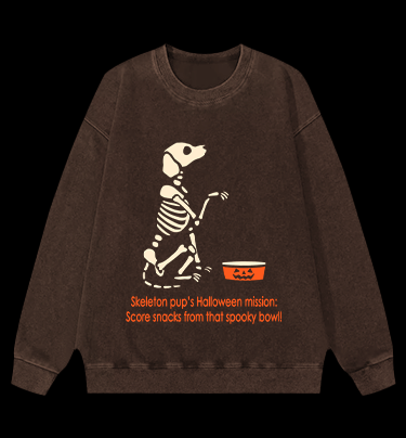 Halloween Skeleton Pup Vintage Washed 100% Cotton Sweatshirt - TheDrunkShark