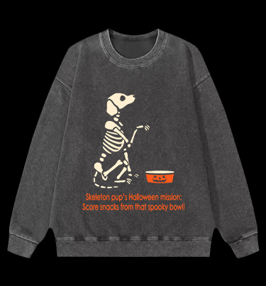 Halloween Skeleton Pup Vintage Washed 100% Cotton Sweatshirt - TheDrunkShark