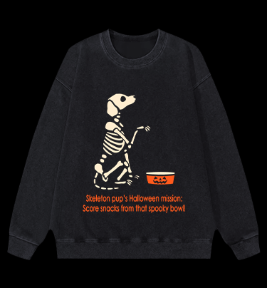 Halloween Skeleton Pup Vintage Washed 100% Cotton Sweatshirt - TheDrunkShark