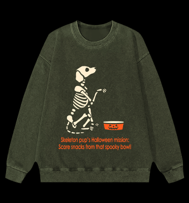 Halloween Skeleton Pup Vintage Washed 100% Cotton Sweatshirt - TheDrunkShark