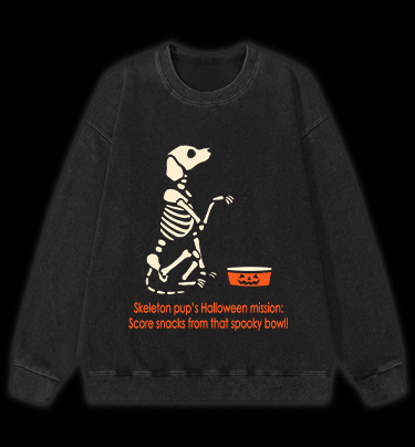 Halloween Skeleton Pup Vintage Washed 100% Cotton Sweatshirt - TheDrunkShark