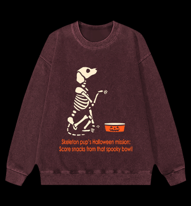 Halloween Skeleton Pup Vintage Washed 100% Cotton Sweatshirt - TheDrunkShark