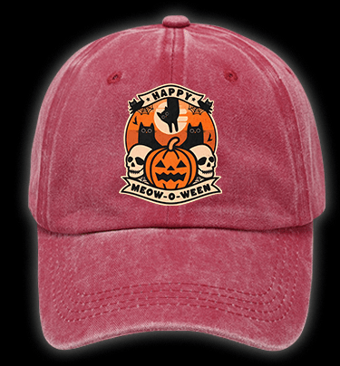 Happy Meow - o - ween Vintage Washed 100% Cotton Baseball Hat - TheDrunkShark