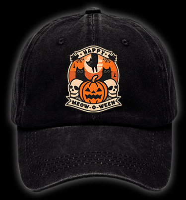 Happy Meow - o - ween Vintage Washed 100% Cotton Baseball Hat - TheDrunkShark