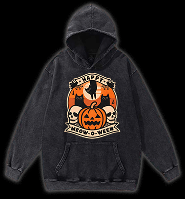 Happy Meow - o - ween Vintage Washed 100% Cotton Hoodie - TheDrunkShark