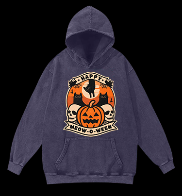 Happy Meow - o - ween Vintage Washed 100% Cotton Hoodie - TheDrunkShark