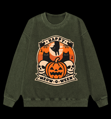 Happy Meow - o - ween Vintage Washed 100% Cotton Sweatshirt - TheDrunkShark