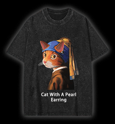  Jan Vermeer:Cat With A Pearl Earring Shark Vintage Washed 100% Cotton T-Shirt - TheDrunkShark