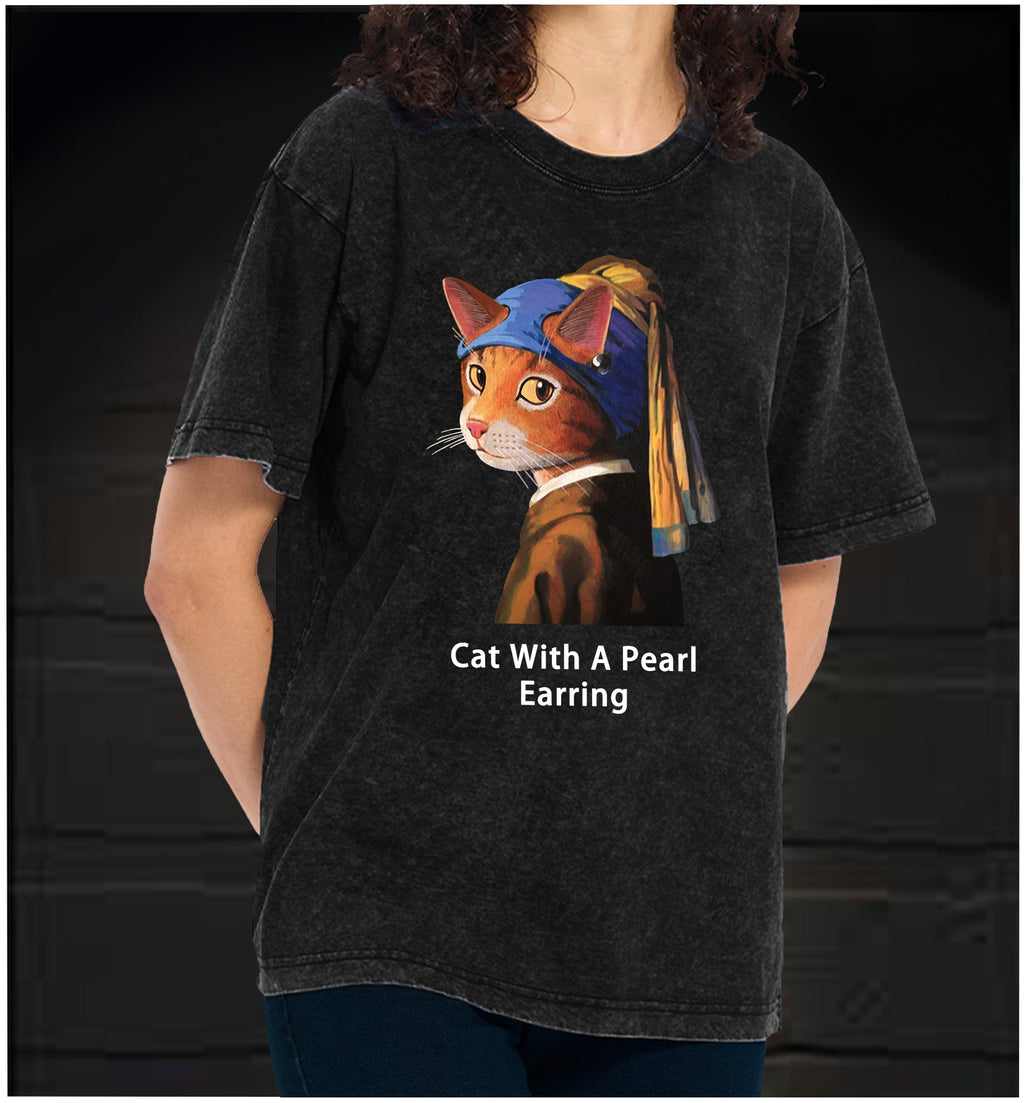  Jan Vermeer:Cat With A Pearl Earring Shark Vintage Washed 100% Cotton T-Shirt - TheDrunkShark