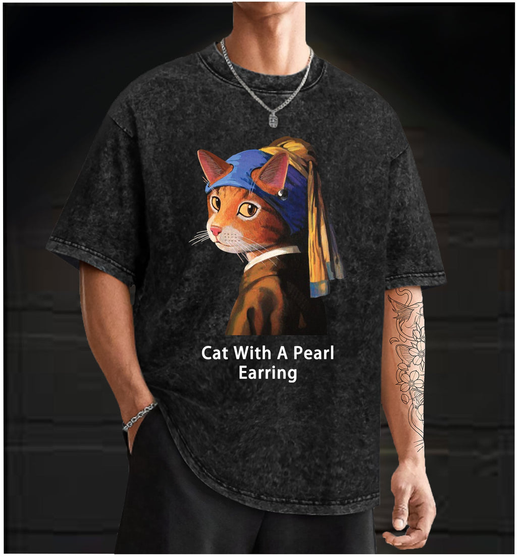  Jan Vermeer:Cat With A Pearl Earring Shark Vintage Washed 100% Cotton T-Shirt - TheDrunkShark