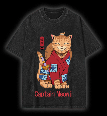  Katana Cat Vintage Washed 100% Cotton T-Shirt - TheDrunkShark