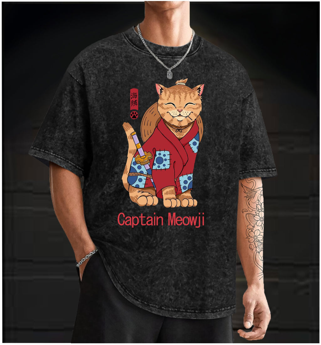 Katana Cat Vintage Washed 100% Cotton T-Shirt - TheDrunkShark
