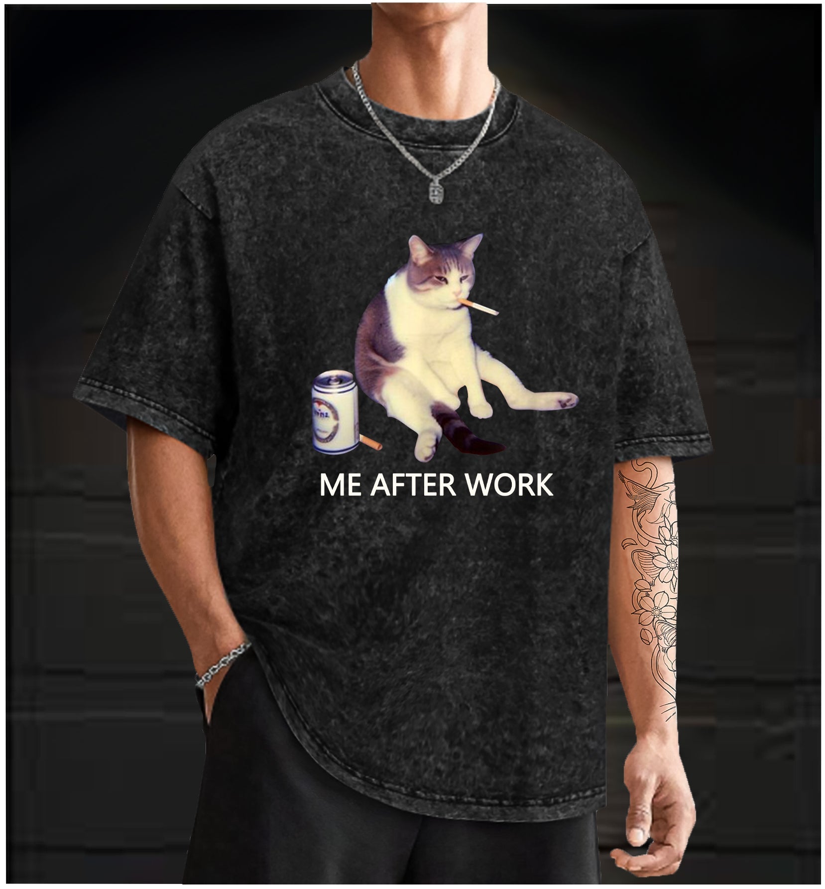  ME AFTER WORK  Cat Vintage Washed 100% Cotton T-Shirt - TheDrunkShark