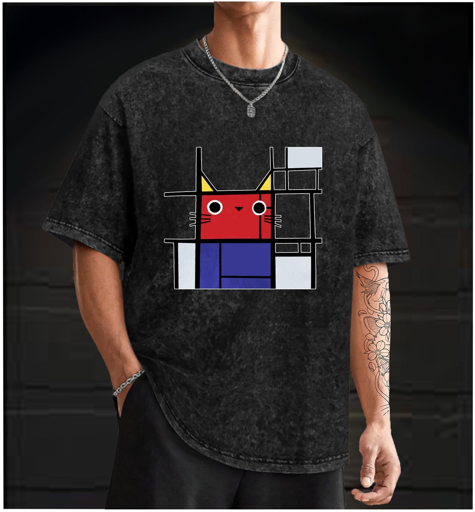  Meowdrian Cat Vintage Washed 100% Cotton T-Shirt - TheDrunkShark