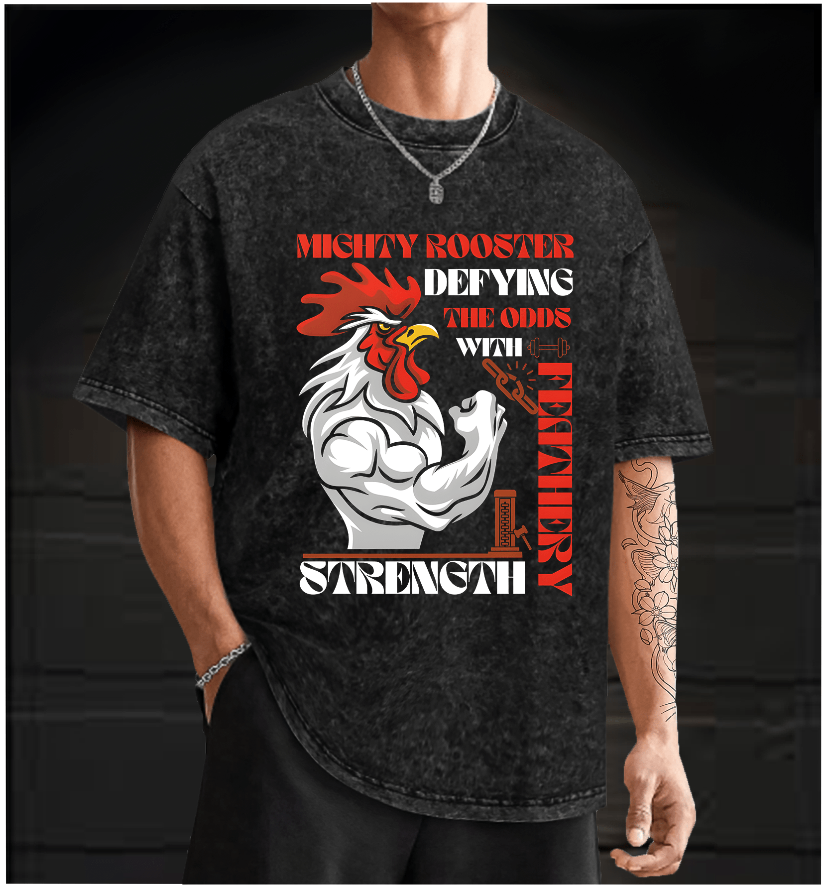 Mighty Rooster Power Vintage Washed 100% Cotton T-Shirt - TheDrunkShark