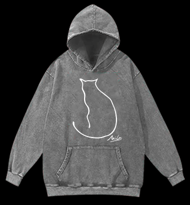 Minimalist Cat Line Art Vintage Washed 100% Cotton Hoodie - TheDrunkShark