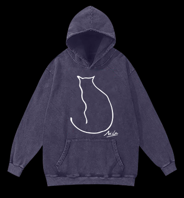 Minimalist Cat Line Art Vintage Washed 100% Cotton Hoodie - TheDrunkShark