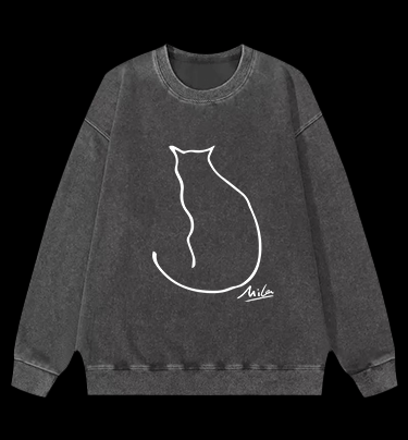 Minimalist Cat Line Art Vintage Washed 100% Cotton Sweatshirt - TheDrunkShark