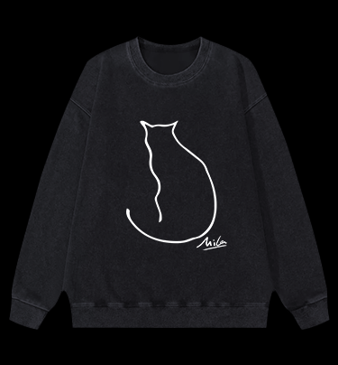 Minimalist Cat Line Art Vintage Washed 100% Cotton Sweatshirt - TheDrunkShark